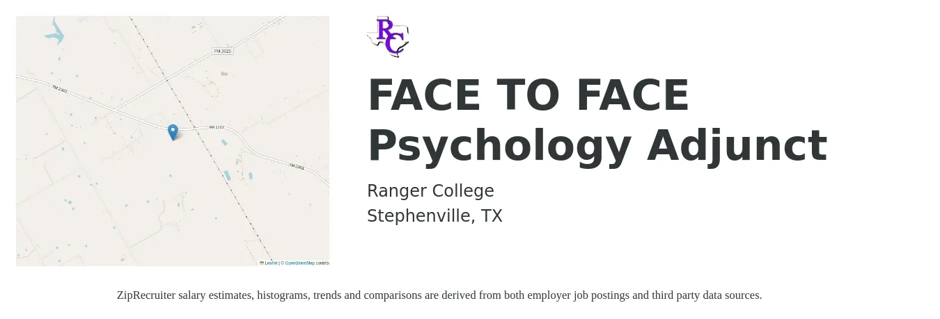 Ranger College job posting for a FACE TO FACE Psychology Adjunct in Stephenville, TX with a salary of $24 to $44 Hourly with a map of Stephenville location.