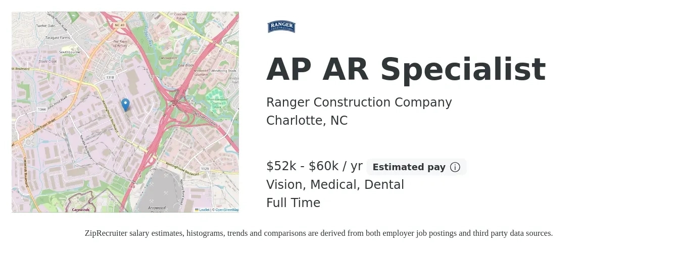 Ranger Construction Company job posting for a AP AR Specialist in Charlotte, NC with a salary of $52,000 to $60,000 Yearly and benefits including dental, life_insurance, medical, pto, retirement, and vision with a map of Charlotte location.