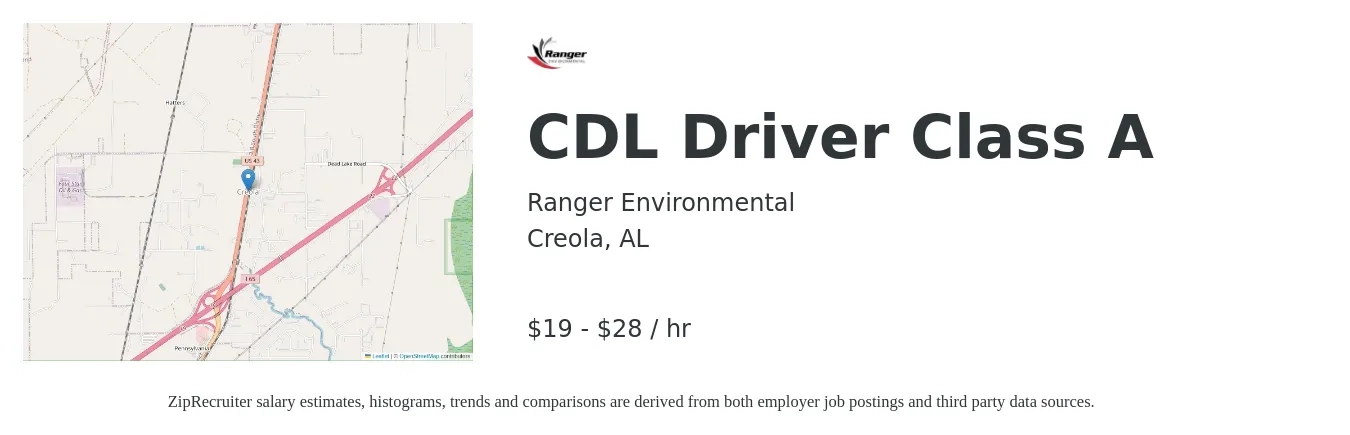 Ranger Environmental job posting for a CDL Driver Class A in Creola, AL with a salary of $20 to $30 Hourly with a map of Creola location.