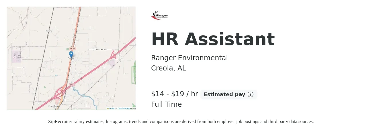 Ranger Environmental job posting for a HR Assistant in Creola, AL with a salary of $15 to $20 Hourly with a map of Creola location.