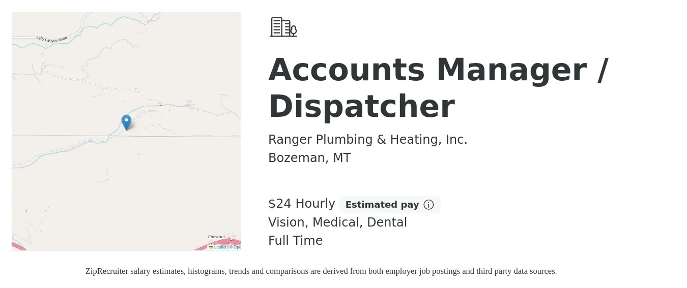 Ranger Plumbing & Heating, Inc. job posting for a Accounts Manager / Dispatcher in Bozeman, MT with a salary of $25 Hourly and benefits including medical, pto, retirement, vision, dental, and life_insurance with a map of Bozeman location.