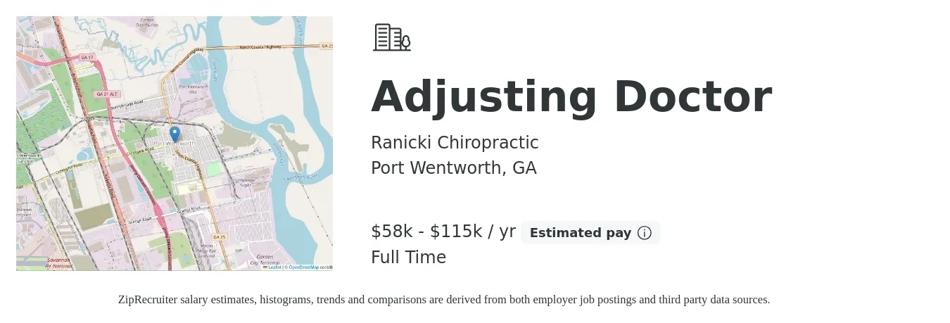 Ranicki Chiropractic job posting for a Adjusting Doctor in Port Wentworth, GA with a salary of $58,000 to $115,000 Yearly with a map of Port Wentworth location.