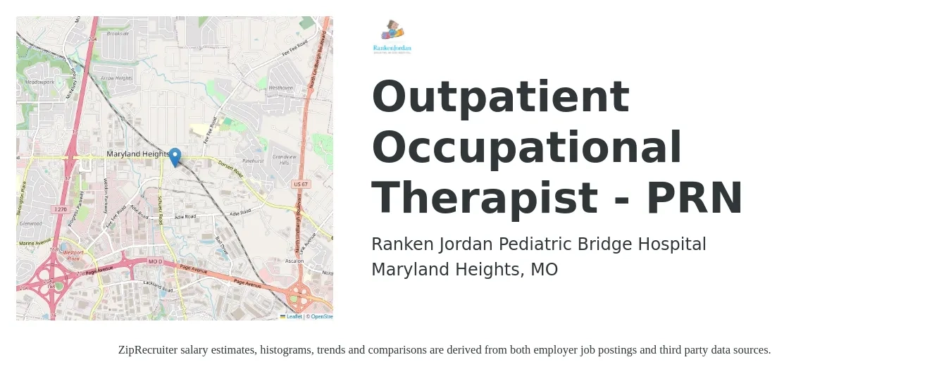 Ranken Jordan Pediatric Bridge Hospital job posting for a Outpatient Occupational Therapist - PRN in Maryland Heights, MO with a salary of $39 to $51 Hourly with a map of Maryland Heights location.