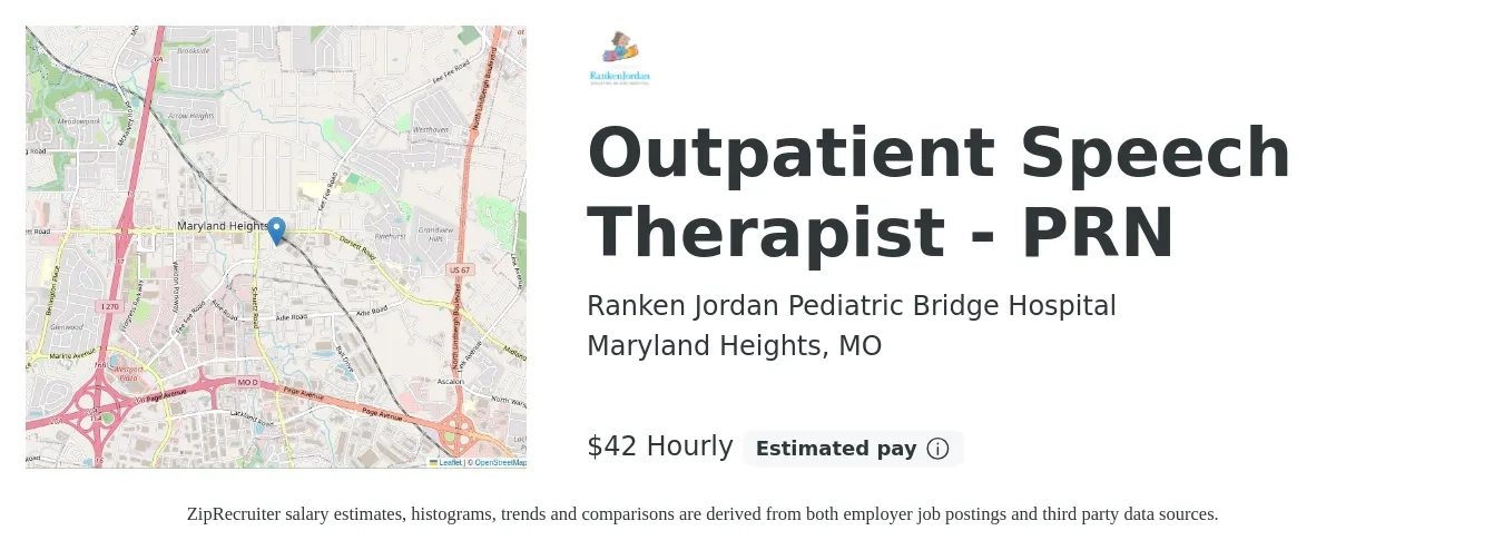 Ranken Jordan Pediatric Bridge Hospital job posting for a Outpatient Speech Therapist - PRN in Maryland Heights, MO with a salary of $38 to $52 Hourly with a map of Maryland Heights location.