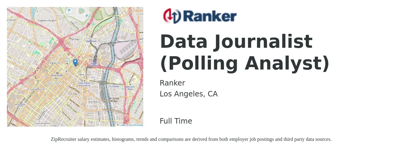 Ranker job posting for a Data Journalist (Polling Analyst) in Los Angeles, CA with a salary of $67,300 to $104,500 Yearly with a map of Los Angeles location.