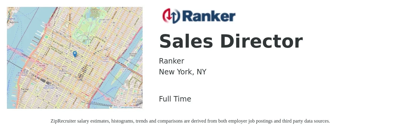 Ranker job posting for a Sales Director in New York, NY with a salary of $77,600 to $137,600 Yearly with a map of New York location.