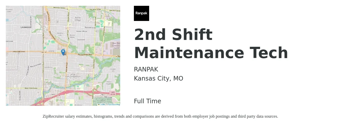 Ranpak job posting for a 2nd Shift Maintenance Tech in Kansas City, MO with a salary of $23 to $29 Hourly and benefits including dental, life_insurance, medical, pto, retirement, and vision with a map of Kansas City location.