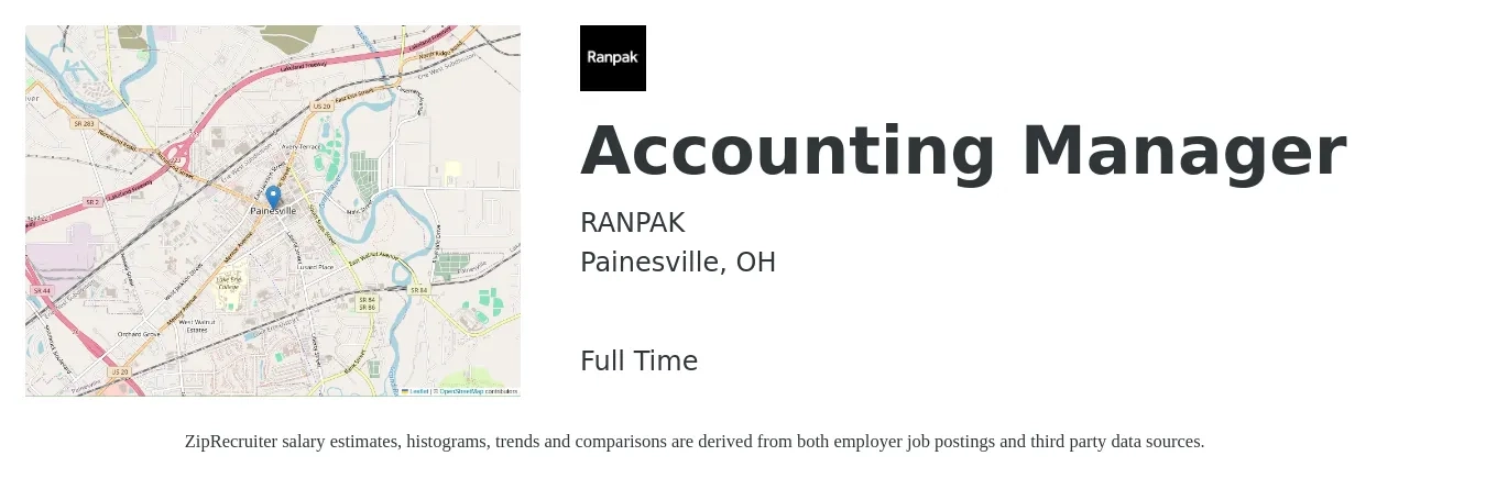 RANPAK job posting for a Accounting Manager in Painesville, OH with a salary of $68,000 to $97,600 Yearly with a map of Painesville location.
