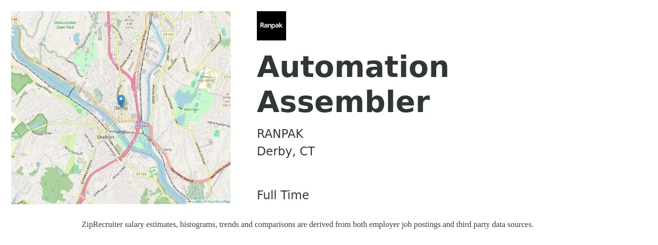 RANPAK job posting for a Automation Assembler in Derby, CT with a salary of $17 to $22 Hourly with a map of Derby location.