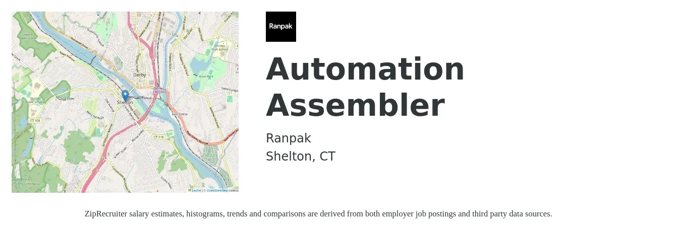 Ranpak job posting for a Automation Assembler in Shelton, CT with a salary of $17 to $22 Hourly with a map of Shelton location.