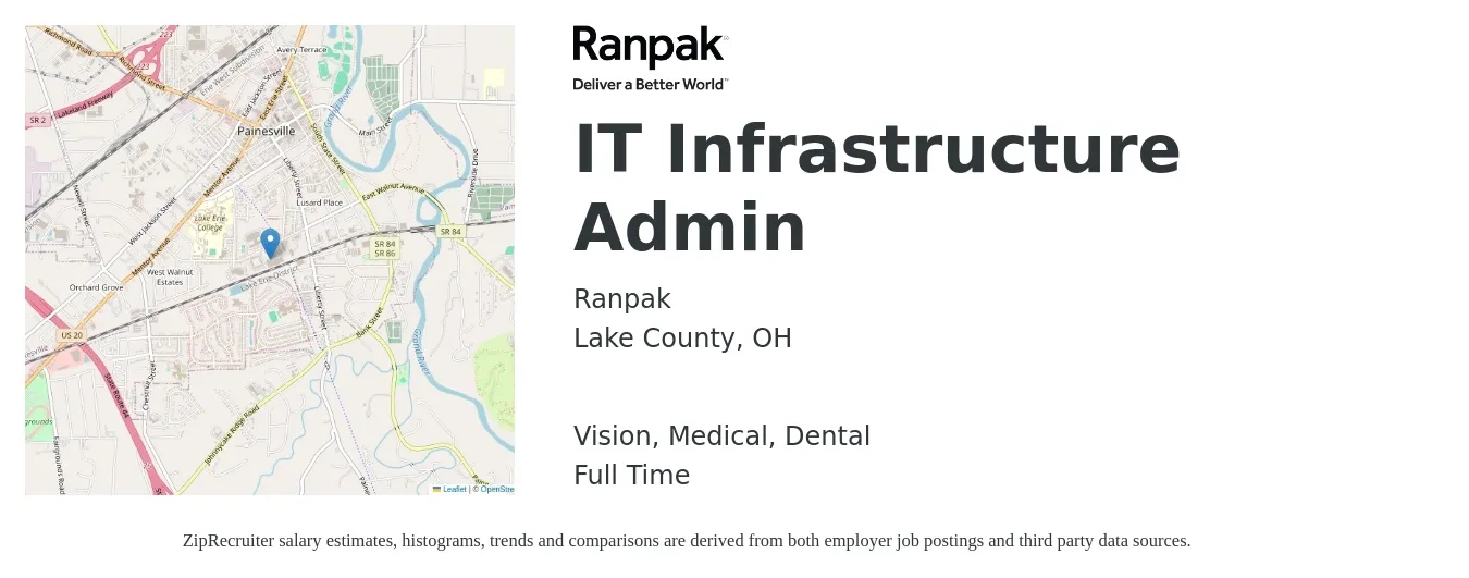 Ranpak job posting for a IT Infrastructure Admin in Lake County, OH with a salary of $61,000 to $88,100 Yearly and benefits including dental, life_insurance, medical, pto, retirement, and vision with a map of Lake County location.