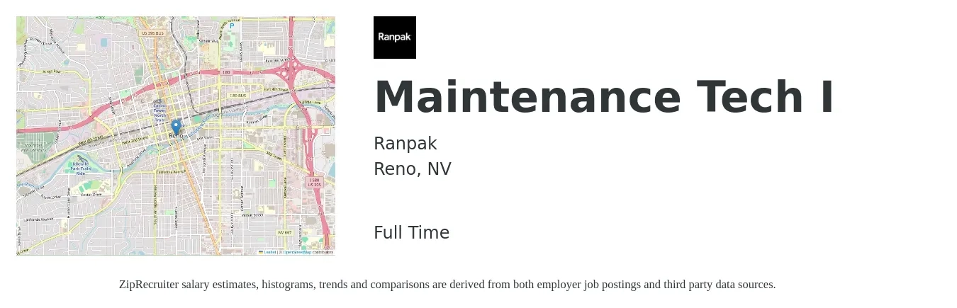 RANPAK job posting for a Maintenance Tech I in Reno, NV with a salary of $19 to $27 Hourly with a map of Reno location.