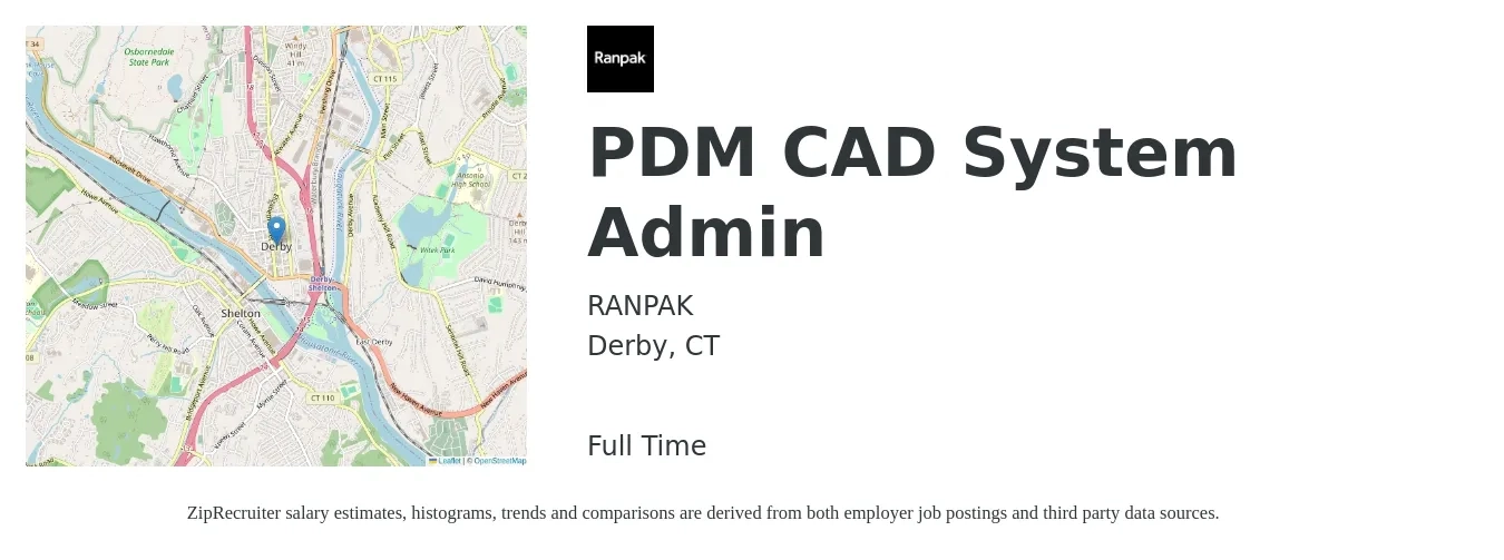 RANPAK job posting for a PDM CAD System Admin in Derby, CT with a salary of $68,200 to $113,800 Yearly with a map of Derby location.