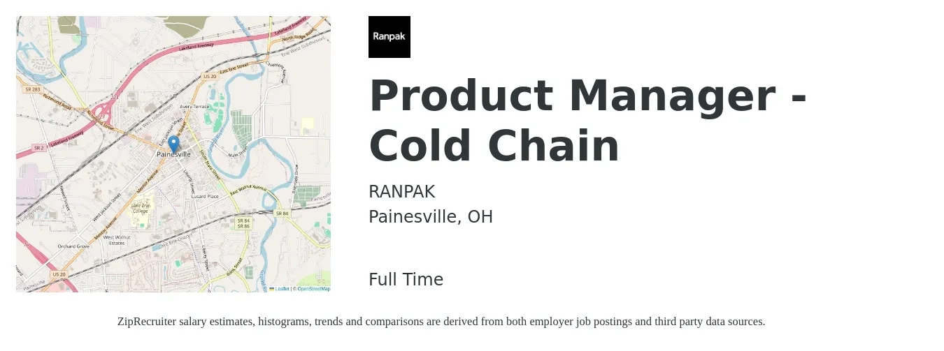 RANPAK job posting for a Product Manager - Cold Chain in Painesville, OH with a salary of $122,900 to $171,800 Yearly with a map of Painesville location.