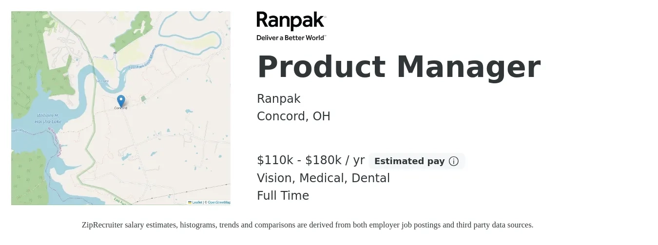 Ranpak job posting for a Product Manager in Concord, OH with a salary of $110,000 to $180,000 Yearly and benefits including dental, life_insurance, medical, pto, retirement, and vision with a map of Concord location.