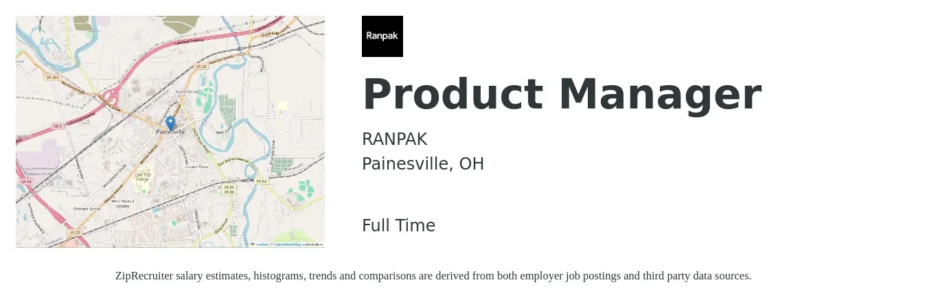 Ranpak job posting for a Product Manager in Painesville, OH with a salary of $122,900 to $171,800 Yearly with a map of Painesville location.