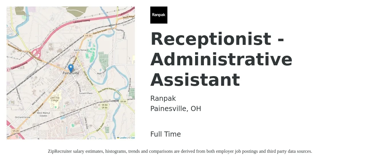 RANPAK job posting for a Receptionist - Administrative Assistant in Painesville, OH with a salary of $14 to $18 Hourly with a map of Painesville location.