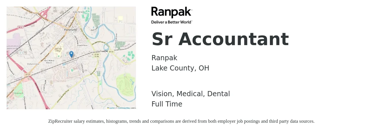 Ranpak job posting for a Sr Accountant in Lake County, OH with a salary of $64,500 to $81,100 Yearly and benefits including pto, retirement, vision, dental, life_insurance, and medical with a map of Lake County location.