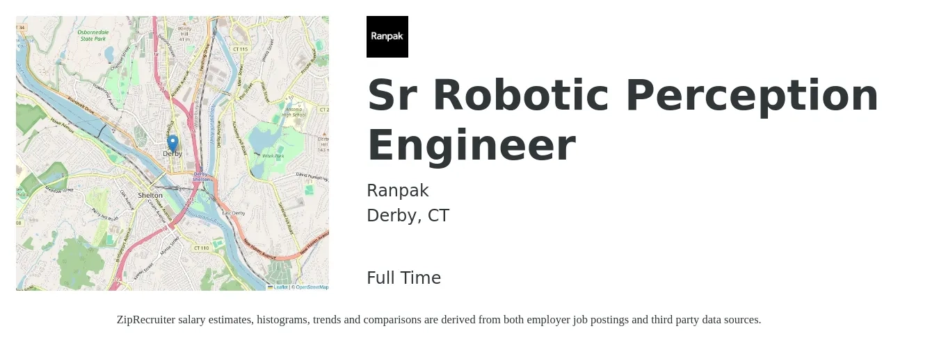 RANPAK job posting for a Sr Robotic Perception Engineer in Derby, CT with a salary of $32 to $56 Hourly with a map of Derby location.
