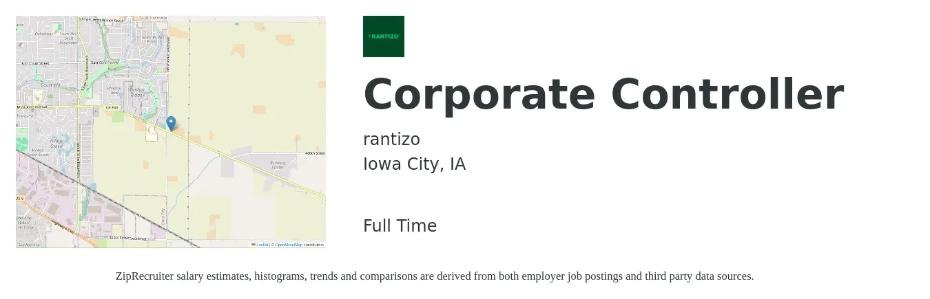 rantizo job posting for a Corporate Controller in Iowa City, IA with a salary of $100,000 to $143,100 Yearly with a map of Iowa City location.