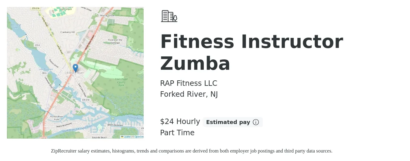 RAP Fitness LLC job posting for a Fitness Instructor Zumba in Forked River, NJ with a salary of $25 Hourly with a map of Forked River location.