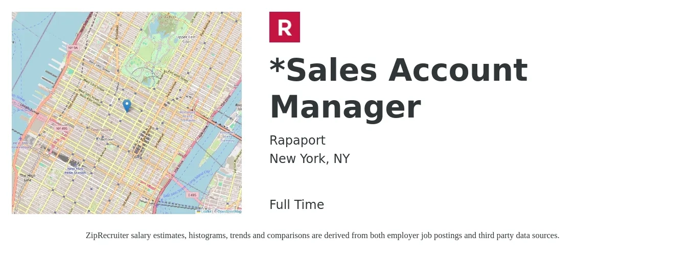 Rapaport job posting for a **Sales Account Manager in New York, NY with a salary of $65,000 to $90,000 Yearly with a map of New York location.