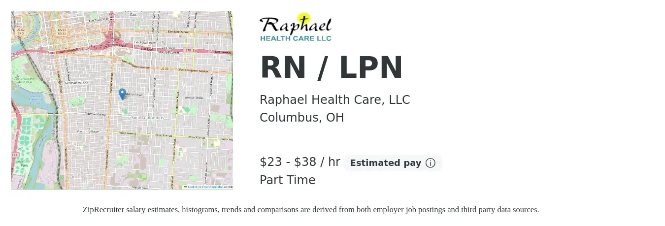 Raphael Health Care, LLC job posting for a RN / LPN in Columbus, OH with a salary of $24 to $40 Hourly and benefits including life_insurance with a map of Columbus location.