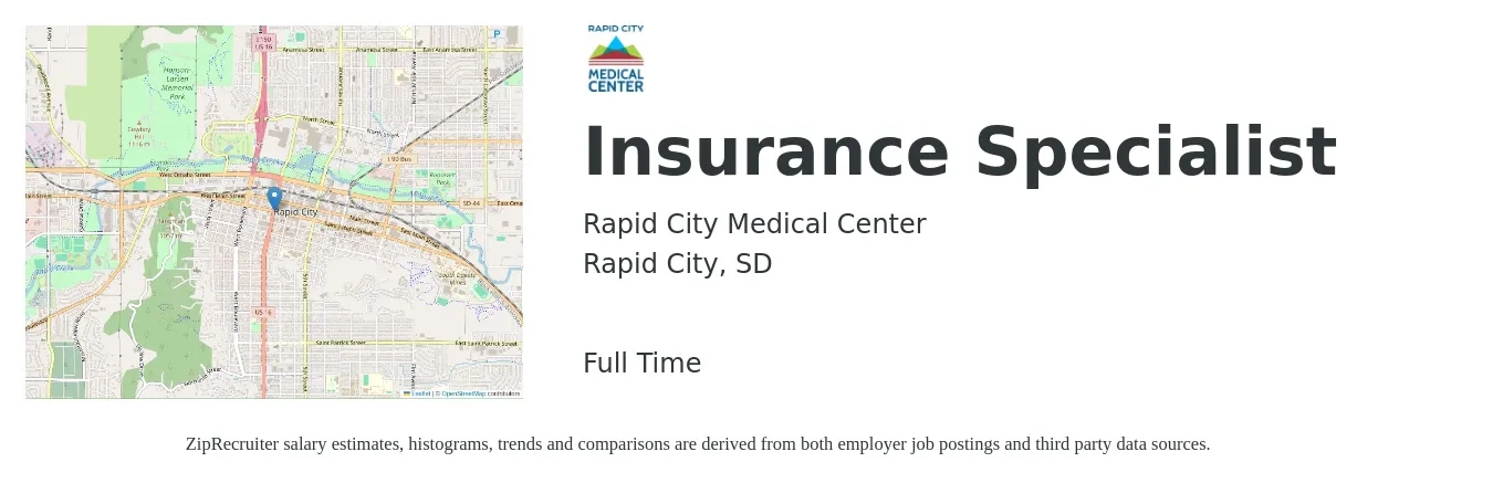 Rapid City Medical Center job posting for a Insurance Specialist in Rapid City, SD with a salary of $38,000 to $73,100 Yearly with a map of Rapid City location.