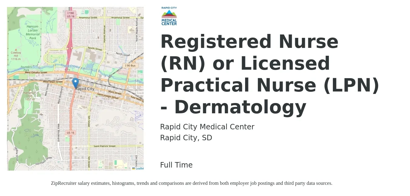 Rapid City Medical Center job posting for a Registered Nurse (RN) or Licensed Practical Nurse (LPN) - Dermatology in Rapid City, SD with a salary of $27 to $36 Hourly with a map of Rapid City location.