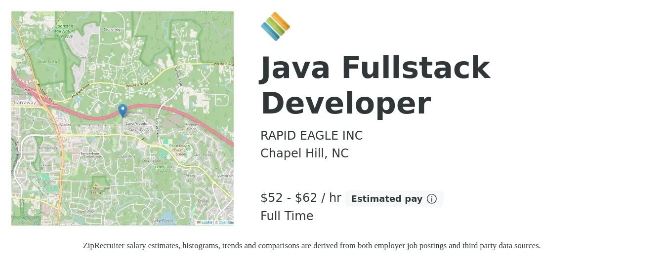 RAPID EAGLE INC job posting for a Java Fullstack Developer in Chapel Hill, NC with a salary of $55 to $65 Hourly with a map of Chapel Hill location.