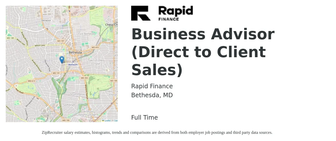 Rapid Finance job posting for a Business Advisor (Direct to Client Sales) in Bethesda, MD with a salary of $55,500 to $91,800 Yearly with a map of Bethesda location.