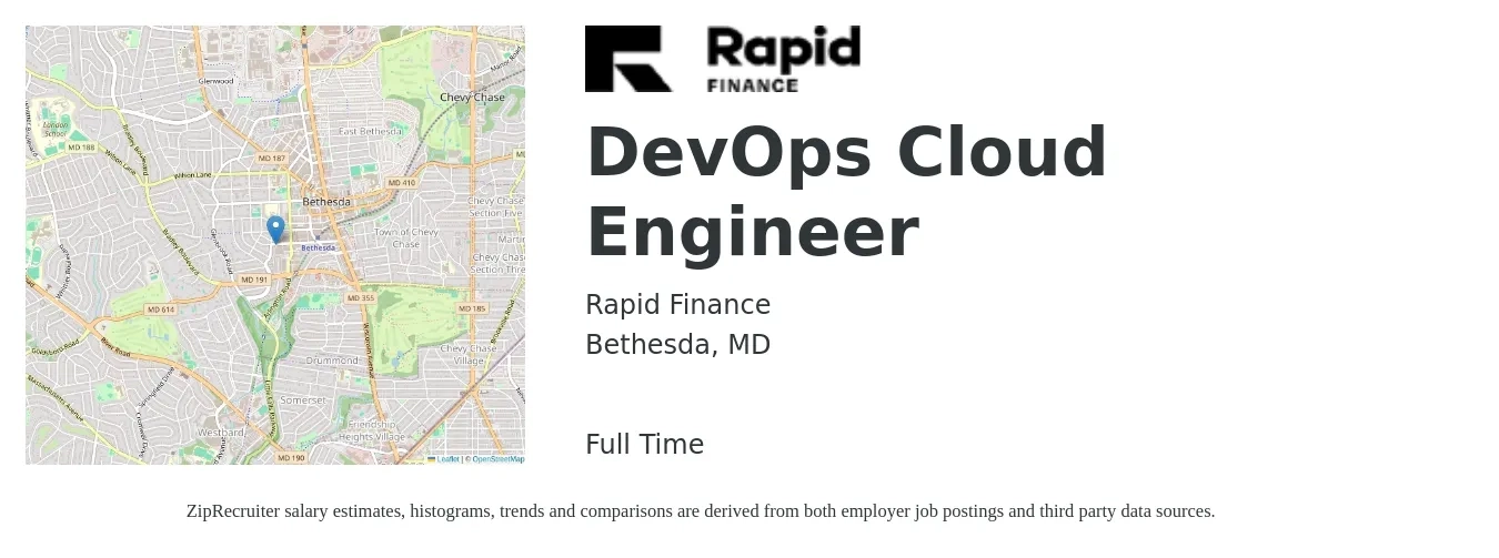 Rapid Finance job posting for a DevOps Cloud Engineer in Bethesda, MD with a salary of $56 to $77 Hourly with a map of Bethesda location.