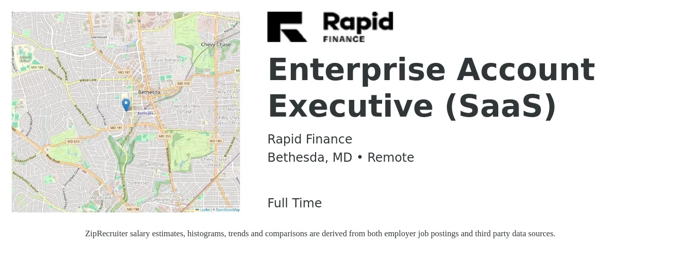 Rapid Finance job posting for a Enterprise Account Executive (SaaS) in Bethesda, MD with a salary of $200,000 Yearly with a map of Bethesda location.