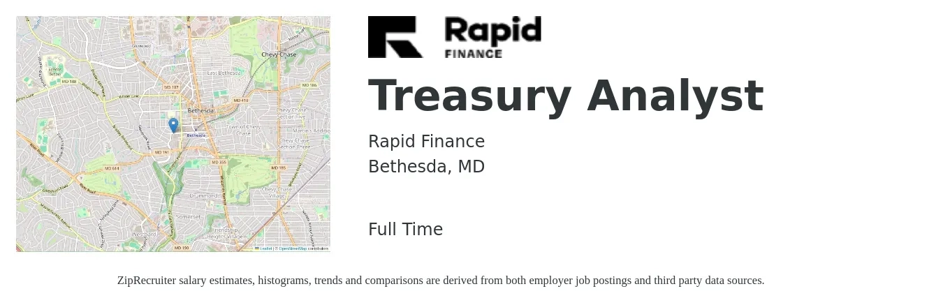 Rapid Finance job posting for a Treasury Analyst in Bethesda, MD with a salary of $63,500 to $99,300 Yearly with a map of Bethesda location.