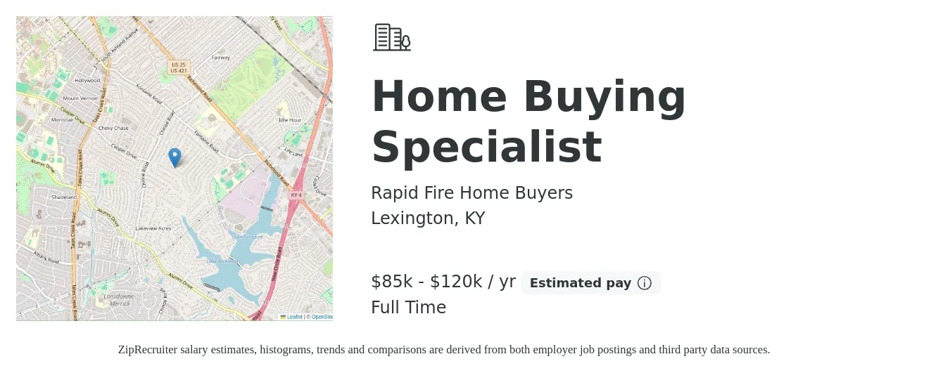 Rapid Fire Home Buyers job posting for a Home Buying Specialist in Lexington, KY with a salary of $85,000 to $120,000 Yearly with a map of Lexington location.