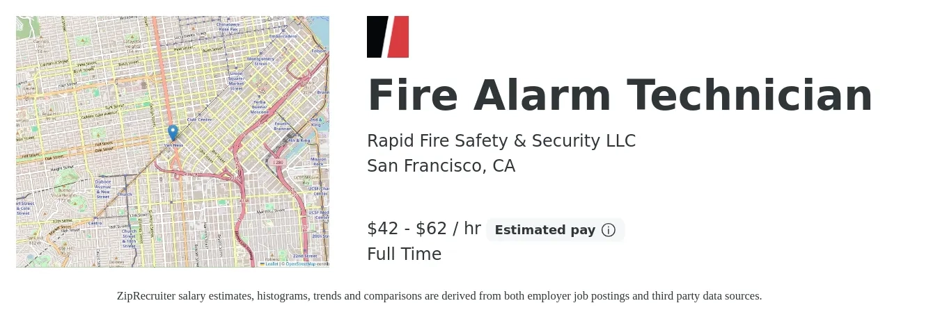 Rapid Fire Safety & Security LLC job posting for a Fire Alarm Technician in San Francisco, CA with a salary of $44 to $65 Hourly with a map of San Francisco location.
