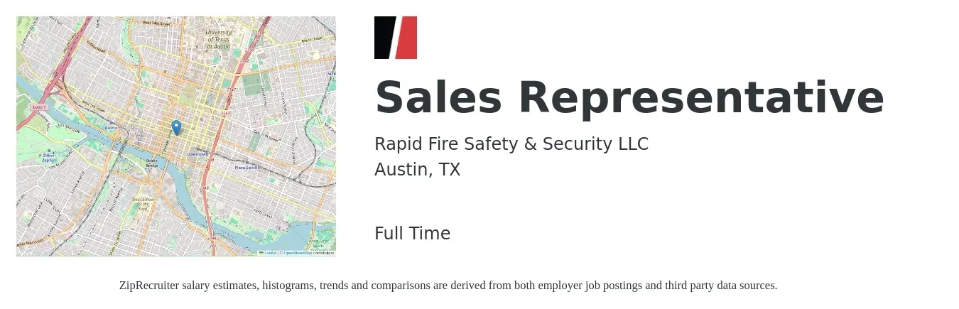 Rapid Fire Safety & Security LLC job posting for a Sales Representative in Austin, TX with a salary of $51,800 to $90,100 Yearly with a map of Austin location.