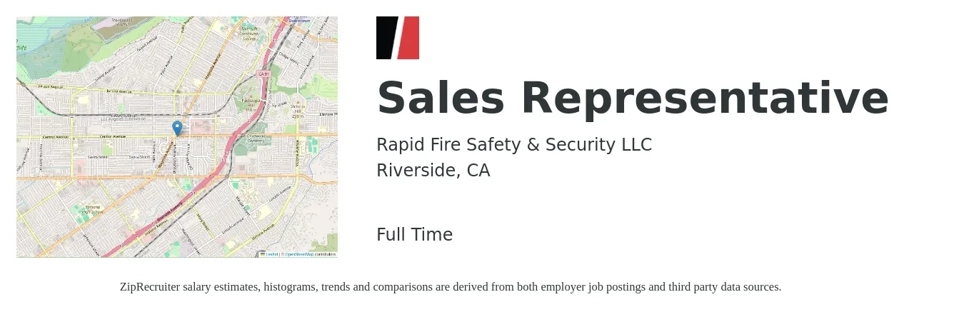 RapidFire Safety & Security job posting for a Sales Representative in Riverside, CA with a salary of $90,000 to $120,000 Yearly and benefits including dental, life_insurance, medical, pto, retirement, and vision with a map of Riverside location.