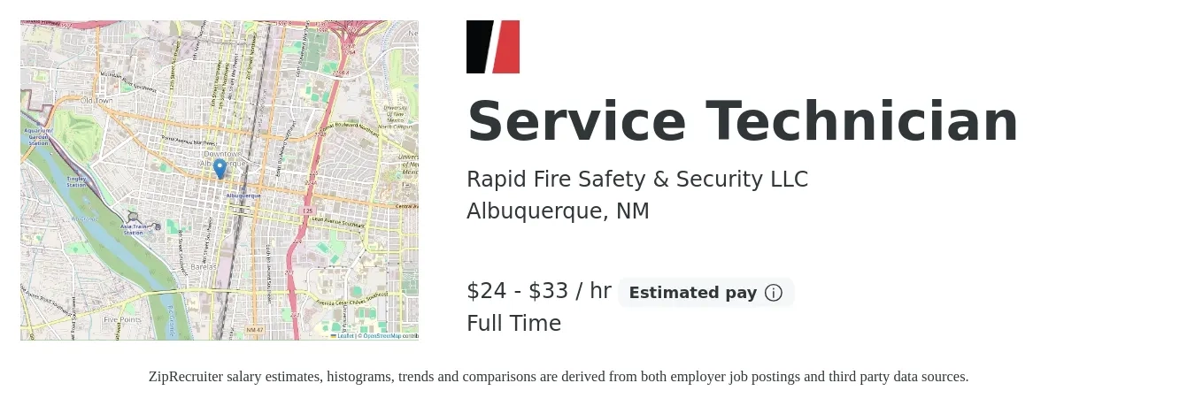 Rapid Fire Safety & Security LLC job posting for a Service Technician in Albuquerque, NM with a salary of $25 to $35 Hourly with a map of Albuquerque location.
