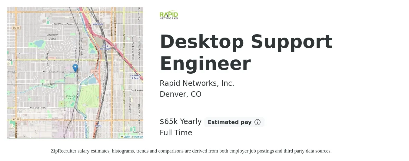 Rapid Networks, Inc. job posting for a Desktop Support Engineer in Denver, CO with a salary of $65,000 Yearly and benefits including pto, and retirement with a map of Denver location.