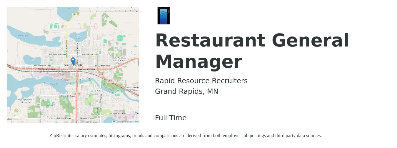 Rapid Resource Recruiters job posting for a Restaurant General Manager in Grand Rapids, MN with a salary of $51,000 to $70,400 Yearly with a map of Grand Rapids location.