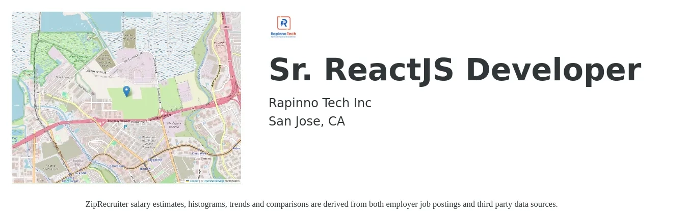 Rapinno Tech Inc job posting for a Sr. ReactJS Developer in San Jose, CA with a salary of $70 to $91 Hourly with a map of San Jose location.