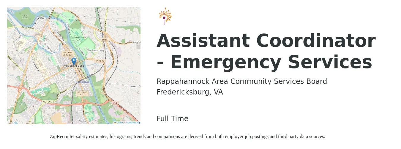 Rappahannock Area Community Services Board job posting for a Assistant Coordinator - Emergency Services in Fredericksburg, VA with a salary of $55,300 to $84,900 Yearly with a map of Fredericksburg location.