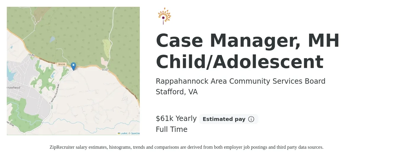 Rappahannock Area Community Services Board job posting for a Case Manager, MH Child/Adolescent in Stafford, VA with a salary of $61,118 Yearly with a map of Stafford location.
