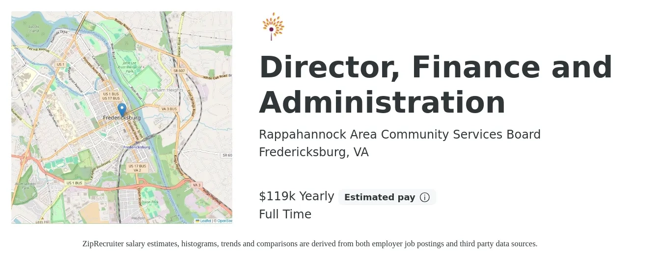 Rappahannock Area Community Services Board job posting for a Director, Finance and Administration in Fredericksburg, VA with a salary of $119,467 Yearly with a map of Fredericksburg location.