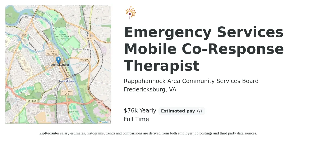 Rappahannock Area Community Services Board job posting for a Emergency Services Mobile Co-Response Therapist in Fredericksburg, VA with a salary of $76,910 Yearly with a map of Fredericksburg location.