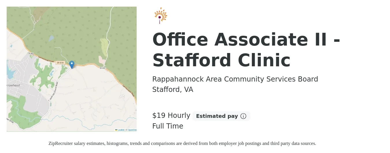 Rappahannock Area Community Services Board job posting for a Office Associate II - Stafford Clinic in Stafford, VA with a salary of $20 Hourly with a map of Stafford location.