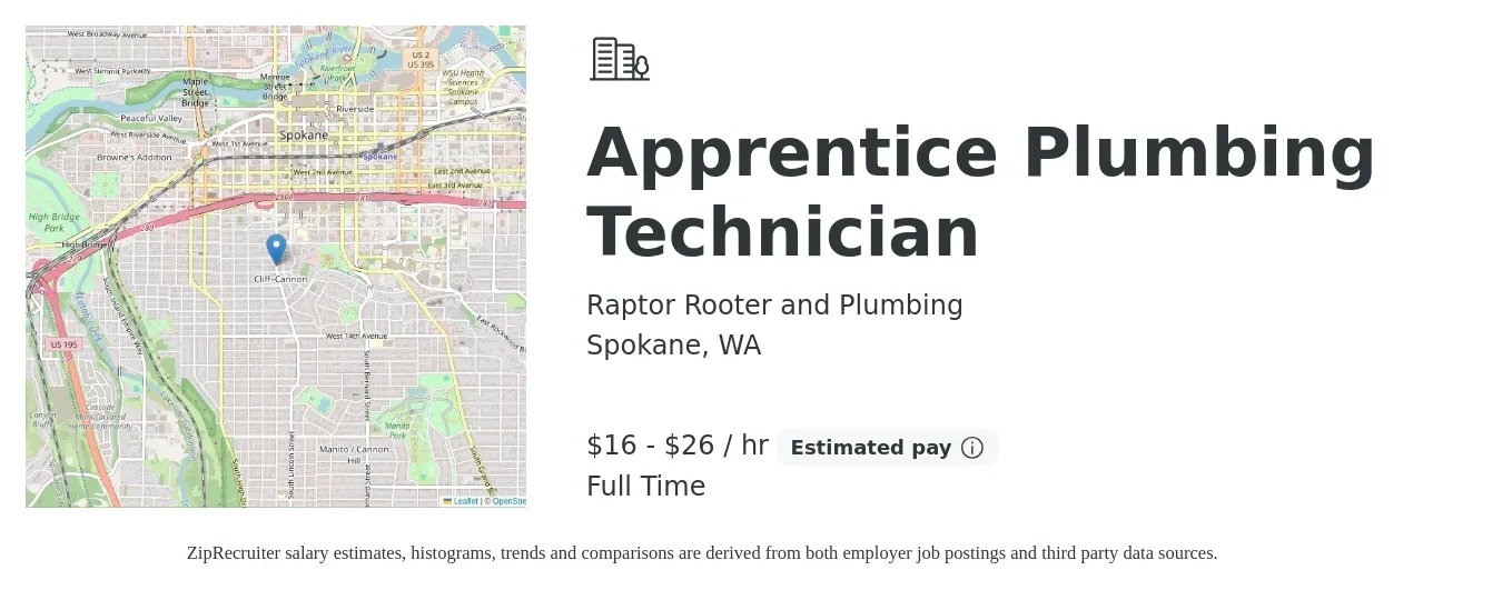 Raptor Rooter and Plumbing job posting for a Apprentice Plumbing Technician in Spokane, WA with a salary of $17 to $28 Hourly with a map of Spokane location.