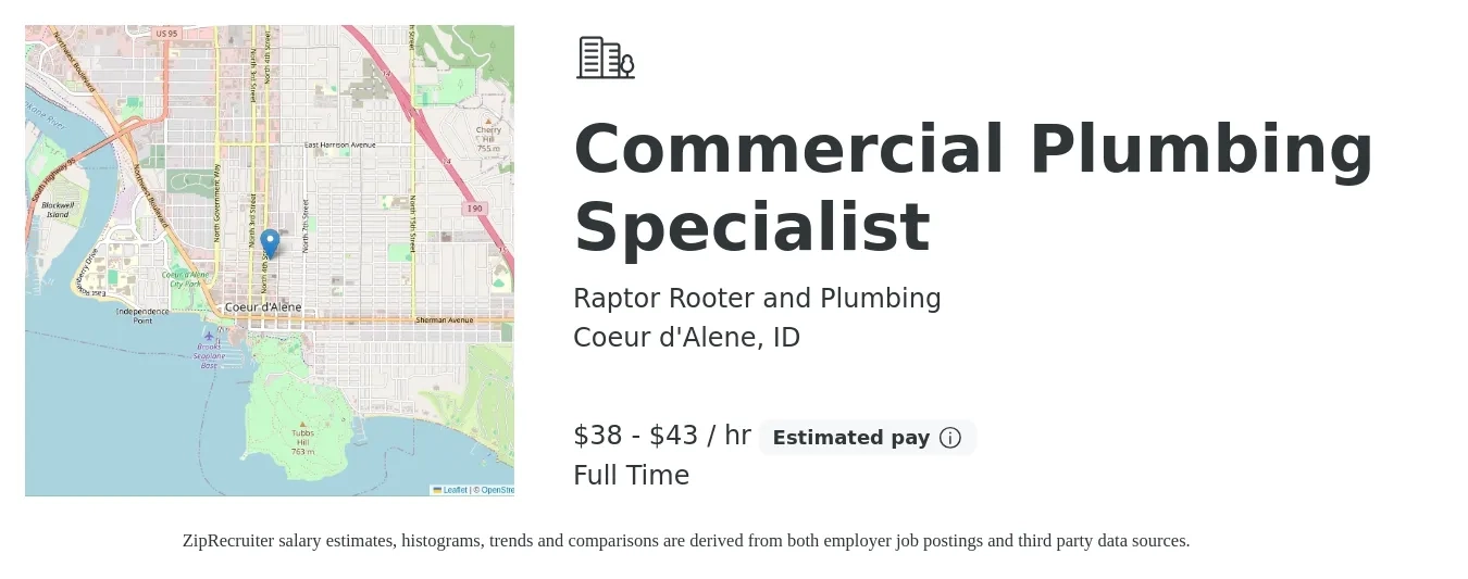 Raptor Rooter and Plumbing job posting for a Commercial Plumbing Specialist in Coeur d'Alene, ID with a salary of $40 to $45 Hourly with a map of Coeur d'Alene location.