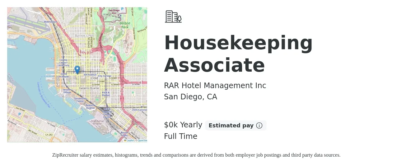 RAR Hotel Management Inc job posting for a Housekeeping Associate in San Diego, CA with a salary of $19 Yearly with a map of San Diego location.